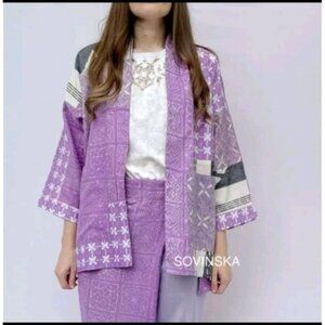 Sovinska Jakarta Womens Patchwork Open Kimono Jacket L Purple/White Cotton Blend